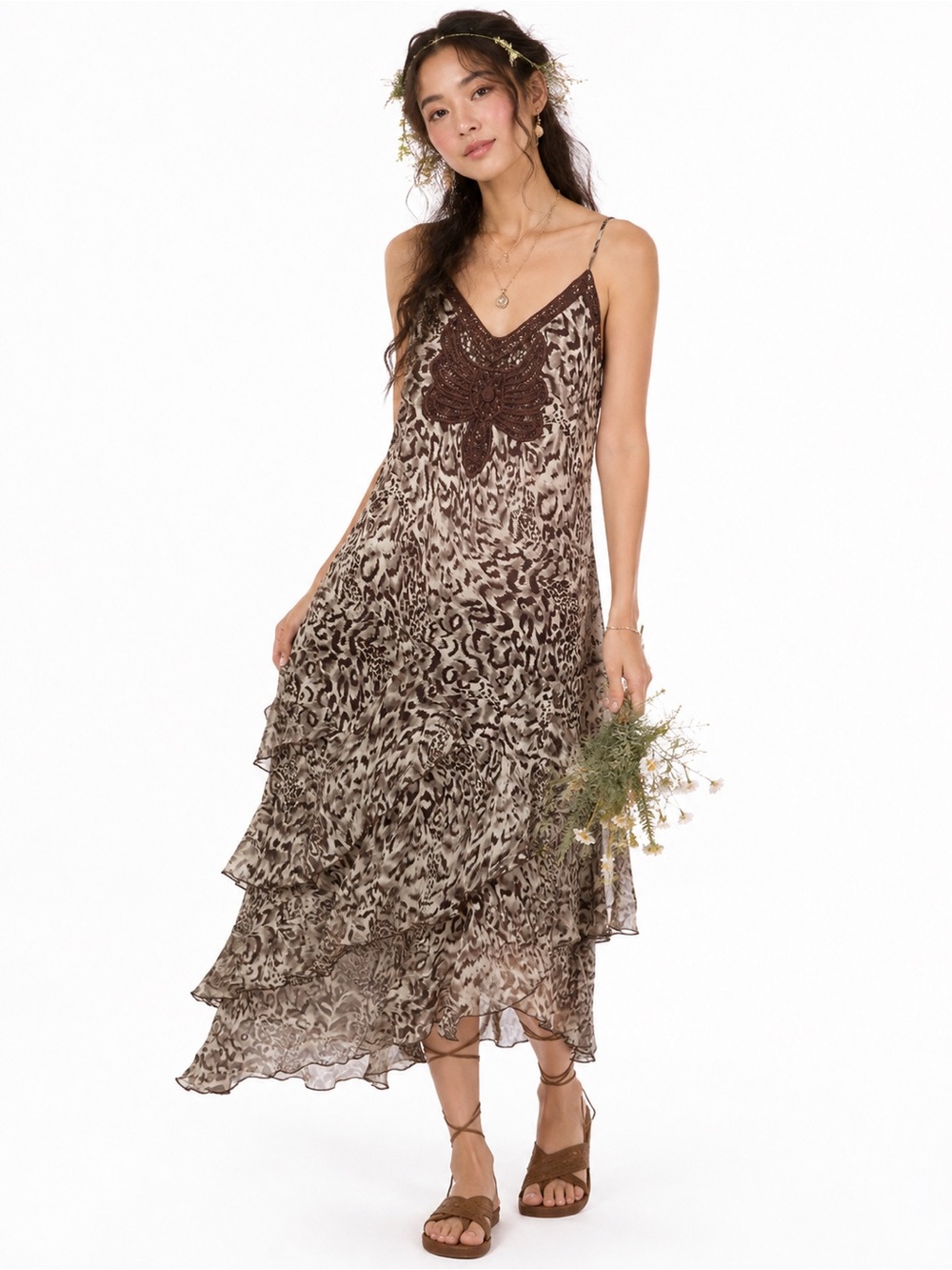 Y2K Fairycore 100% Silk Leopard Print Midi Dress Bias Cut Ruffle Earthy Boho